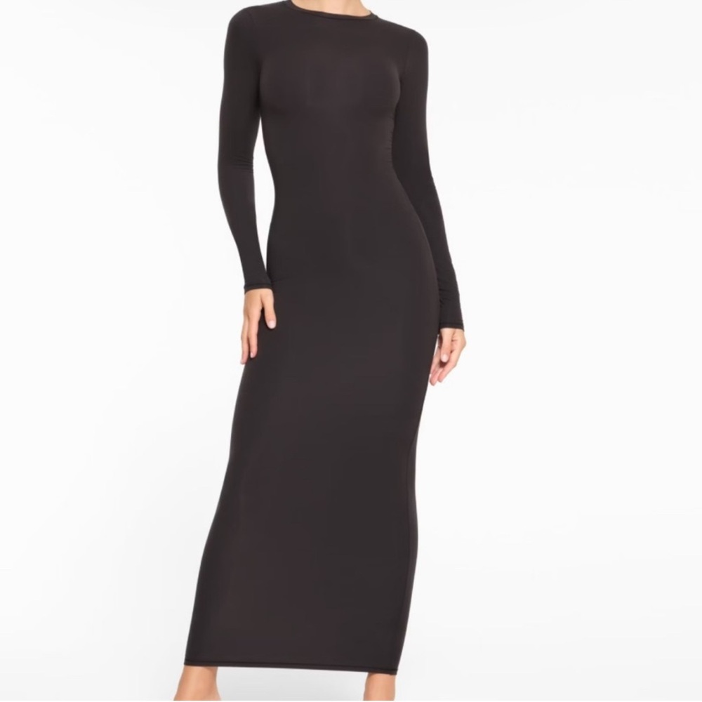 SKIMS Fits Everybody Long-Sleeve Crewneck Maxi Dress - NWT Onyx XS